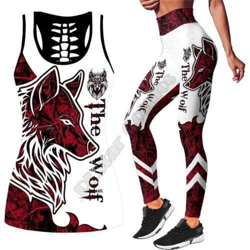 Wolf Tattoo Art Combo Legging hollow tank 3D Printed Tank top Suit sexy Yoga Fitness Soft Legging Summer Women For Girl 16