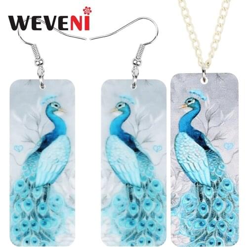 WEVENI Acrylic Rectangle Blue Peacock Peafowl Jewelry Sets Animal Bird Earrings Necklace For Women Girls Teen Fashion Decoration