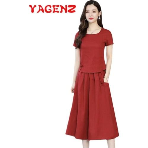 YAGENZ Short sleeve Cotton Dress Suit Two Piece Set Woman Summer Clothes For Women 2 Piece Set Tops And Pants Ensemble Femme 753