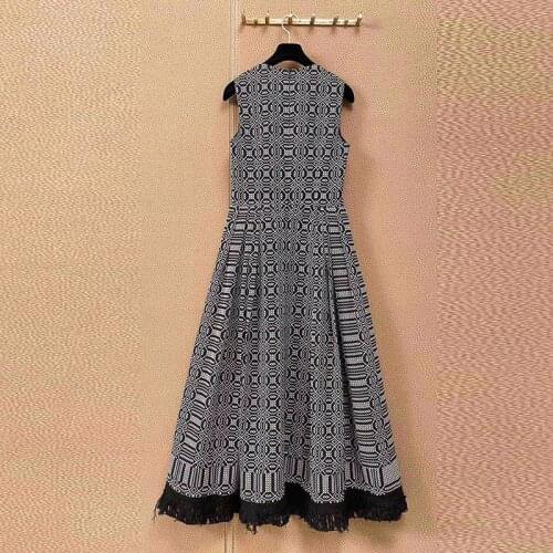 Spring Women Vintage Runway Fashion Sleeveless Slash Neck Geometric Print Tassel Elegant Long Dress