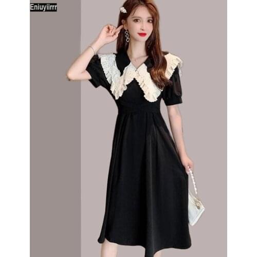 Office Lady Feminine Vestidos Women 2021 Summer Patchwork White Lace Cute Long Black Peter Pan Collar Dress