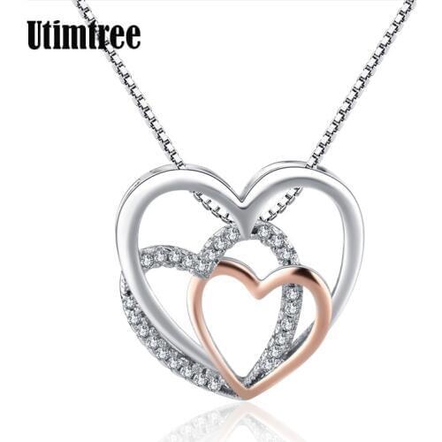 Utimtree Exquisite Top Quality AAA Cubic Zirconia Heart Pendant Necklaces for Women Silver 925 Bridal Wedding Necklace Jewelry