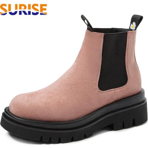 Winter Women Chelsea Boots Black Pink Faux Suede Casual Party Office Ladies Round Toe Slip-on Plush British Platform Ankle Boots