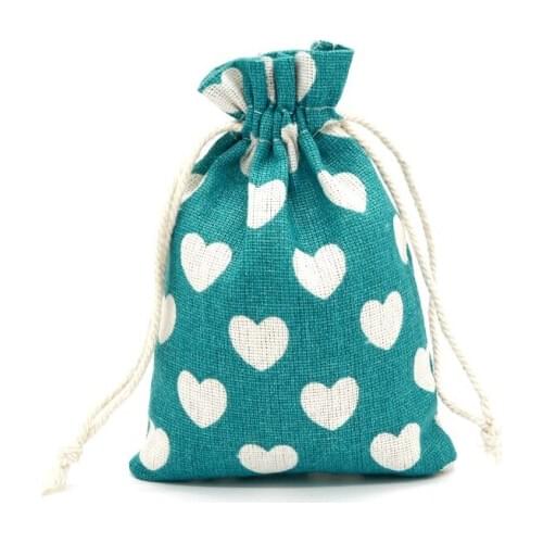 10pcs 10x14cm White Heart Printed in Lake Blue Bag Drawstring Cotton Bags Pouches for Candy Beads Jewelry Packaging Bags Pouches