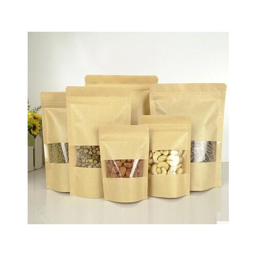 100pcs Brown Stand up Kraft Paper Zip Lock Bags with Clear Window,Reclosable Food Pouches Zipper Grip Seal Packaging