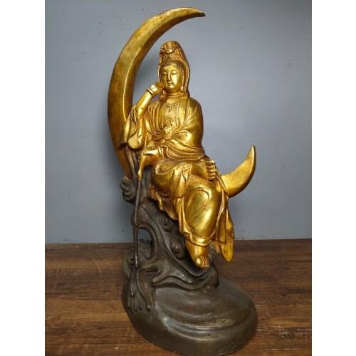 14"Tibet Buddhism Temple Old Bronze Gilt Moon Guanyin Bodhisattva Statue Sitting on the Moon Terrace Enshrine the Buddha