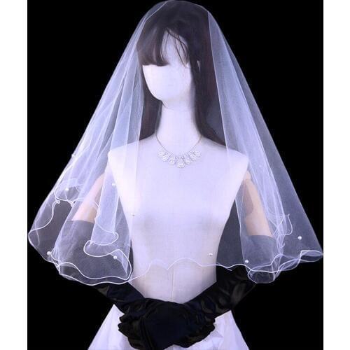 White One layer Veil Of The Bride Ivory Pearl Veil Short Simple Wedding Bridal Veil Tulle Women Mariage Voile Court Vail