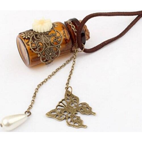 Sweater Chain Carved Long Leather Cord Vintage Butterfly Flower Pendant Necklace Necklaces Pendants Retro Cork Wishing Bottle