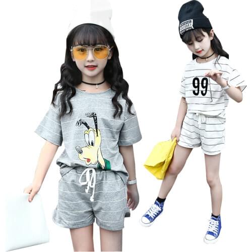 5 6 8 10 12 14 Years Teens Fashion Girls Summer Sports Clothing Sets Cotton Striped T-shirt & Short Pants 2Pcs Clothes Suit