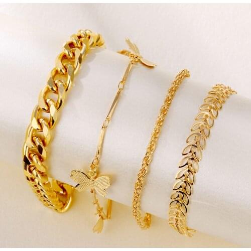 IFMIA Fashion 4 Pcs Metal Butterfly Bracelet Set Statement Punk Women Gold Geometric Chain Charm Bangles Bracelet Jewelry Gift