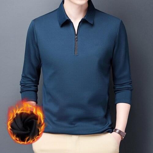 Mens 1/4 Zip Long Sleeve Shirt Casual Pullover Slim Fit Polo Zipper Cotton Shirts Men Warm Thermal Polos With Velvet Top Winter