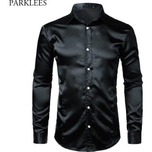 Silk Satin Shirt Men Brand Shiny Smooth Mens Dress Shirts Casual Black Tuxedo Wedding Chemise Homme Slim Fit Solid Color Camisa