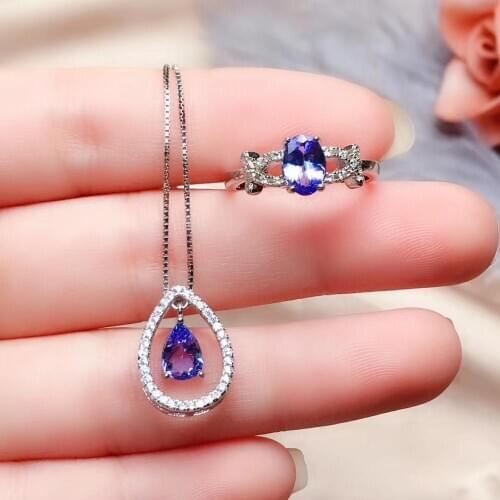 925 silver natural blue Tanzanite pendant ring natural gemstone jewelry set classic simple water drop woman party gift jewelry