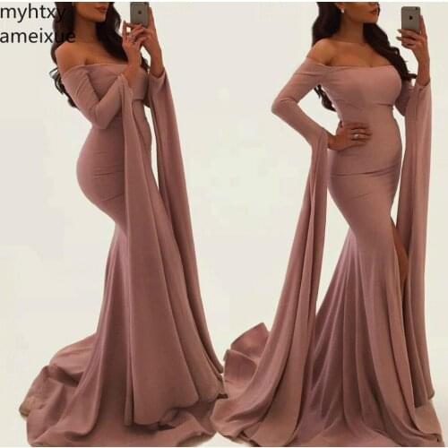 2021 New Mermaid Long Sleeves Split Sexy Evening Dresses Latest Saudi Arabia Dubai Off Wear Formal Party Prom Gowns Plus Size