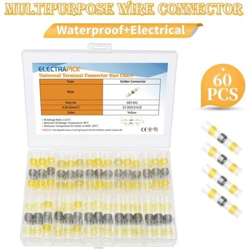 New 60pcs AWG12-10 Heat Shrink Butt Connectors Waterproof Solder Seal Wire Connectors Kit Insulated Electrical Wire Terminals