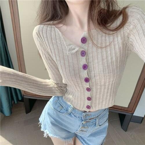 Autumn loose button solid color long-sleeved sunscreen knitted cardigan sweater women