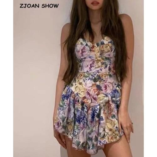 2021 Holiday Colored Floral Print Spaghetti Strap Mini Dress Retro Pleated Hem Sling Dresses With Shorts Underwear Sexy Robe