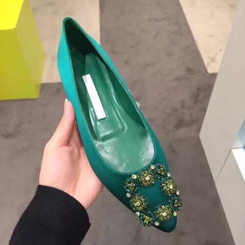 Womens Pointed Toe Rhinestones Crystal Buckle Satin Ballerina Low Heel Shoes Glitter Bling Loafer Slip On Black Green Plus Size