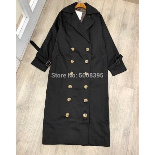 [ElfStyle] - Ladies Trench Coat Black/ Khaki Overcoat Casual Cotton Double Breasted Long Ladies Trench outerwear with Belt