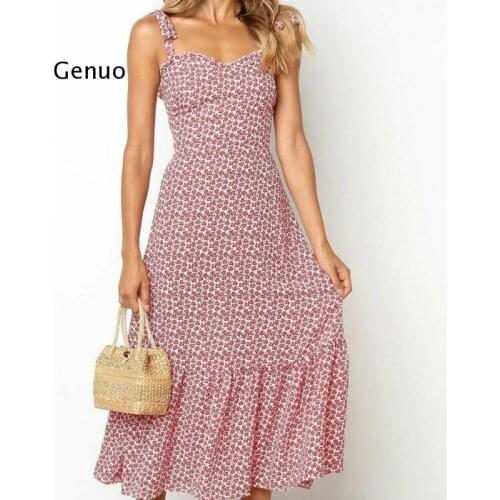 Sexy Lace Flower Print Sleeveless Midi Dress Summer Womens Casual Wear New Lace Bow Frill Suspender Dress Women
