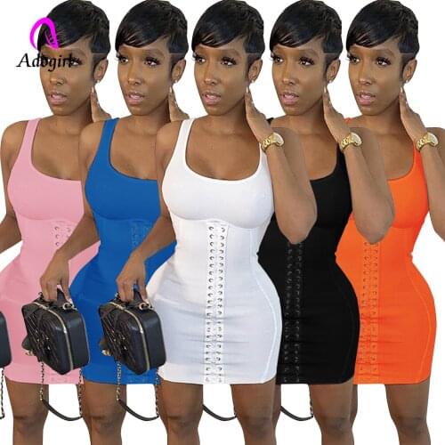 Fitness Women Mini Dress Solid 2021 Summer New Sleeveless Skinny Active Outfits Sexy Bandage Corset Club Party Bodycon Vestidos