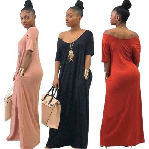 Women Solid Long Maxi Dress V-Neck Pocket Short Sleeve Loose Solid Dresses Plus Size S-2XL