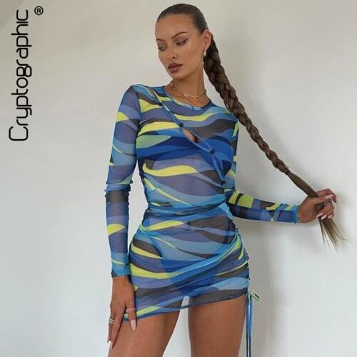 Cryptographic 2021 Autumn Print Mesh See Through Mini Dress Outfits for Women Hollow Out Button Up Drawstring Ruched Dresses