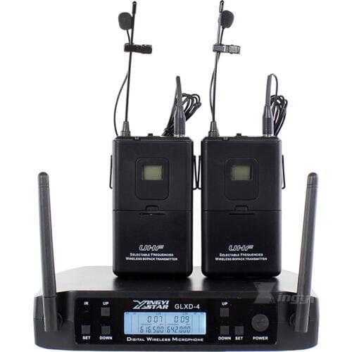 GLXD4 2 Channel Adjustable 600-650Mhz Clip on Collar Lavalier Wireless Microphone Professional UHF Cordless Lapel Mic For Guitar