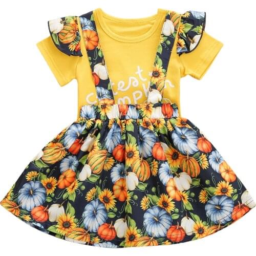 2Pcs Toddler Girls Halloween Outfits, Short Sleeve Letter Print Tops + Suspender Skirt Set