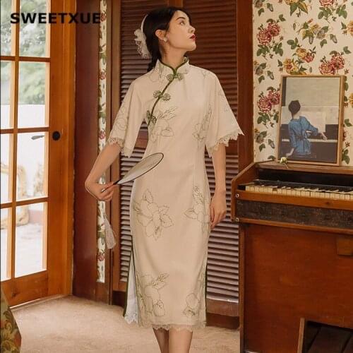 SWEETXUE 2021 Womens Printed Chiffon Cheongsam Improved Modern Girl French Retro Fairy Gentle Wind Dress Female