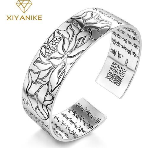 XIYANIKE 925 Sterling Silver Vintage Elegant Lotus Flower Cuff Bracelet Thai Silver Religious Jewelry for Women Size Adjustable