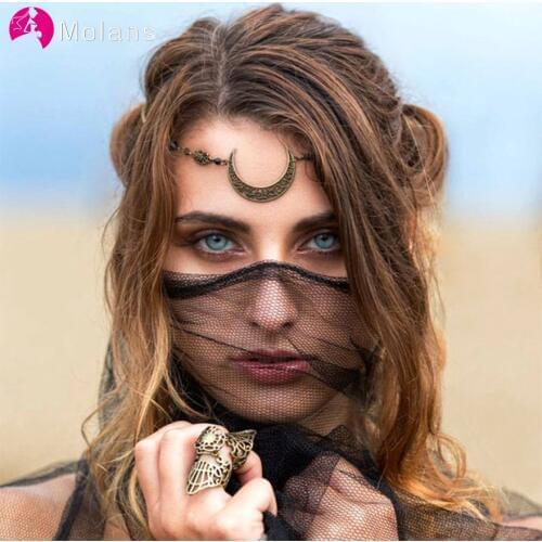 MOLANS European Hollow Moon Floral Head Chain for Bridal Hair Accessories Retro Manual Crystal Beading Alloy Headbands for Party