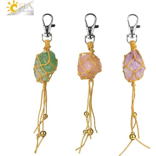 CSJA Natural Stone Irregular Keychain Hanging Rope Buckle Car Keyring Tassel Key Ring Women Men Reiki Jewelry Accessories G809