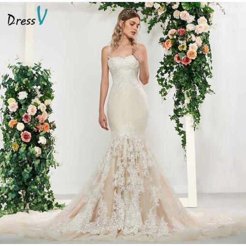Dressv elegant lace sleeveless spaghetti straps mermaid wedding dress floor length simple bridal gowns trumpet wedding dresses