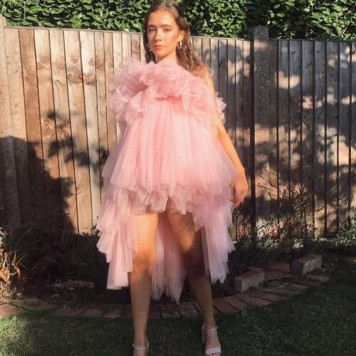 Pink Fashion Cute Elegant Women Dress paghetti Strap Tulle Skirts Ruffles A-line Hi-Lo Dress Family Party Custom Made