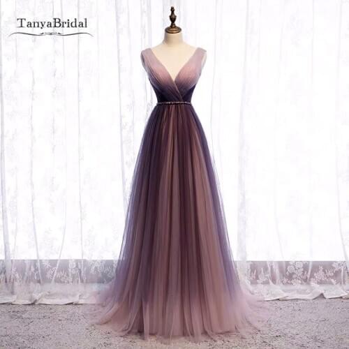 Elegant Simple Prom Dresses Dark Pink Purple V Neck Tulle Pleated Lace Up Formal Evening Gown JQ773