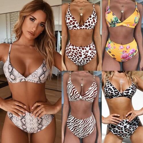 Two PCS Women Bikini Set High Waist Snake Leopard Print Padded Bra Swimsuit Sexy Deep V-neck Beach Bathing Suits Fashion Biquini