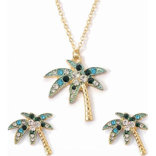 Creative Multicolor Crystal Tropical Coconut Tree Leaf Design Gold Necklace Earrings Jewelry Sets for Women