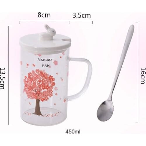 Milk Coffee Mug Cherry Blossom Pattern Heat-Resistant Glass Water Cup Cute Straw Mug Home Office Flower Tea Cup With Lid Spoon