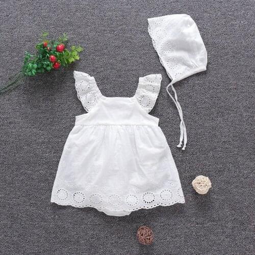 Summer ins Baby Girls Clothes Embroidered Lace Cotton Little Princess White Triangle Dress One Piece Romper Dress with Hat Set
