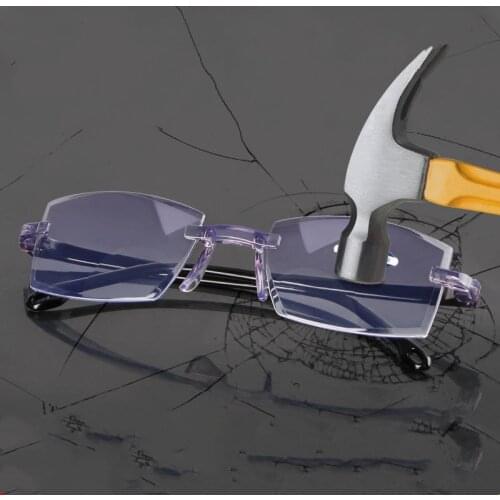 Hammer Smash Bifocal Rimless Reading Glasses Men AntiBlue Light Black Plastic Clear High Quality Presbyopic Glasses Portable 150