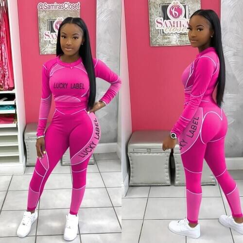 Echoine Autumn Long Sleeve Letter Print Biker Sportwear Womemn Tracksuit Sexy Crop Top and Pants Two Piece Set Jogging Femme