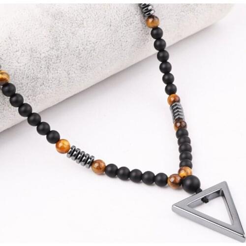 High Quality 24 Inches New Design Natural Stone Matte Onyx Tiger Eye Beads Hematite Triangle Charm Pendant Necklace For Men