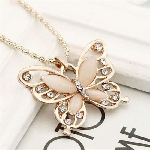 Rose Gold Acrylic Crystal Big Butterfly Pendant Necklace 70CM Long Chain Sweater Jewelry For Women