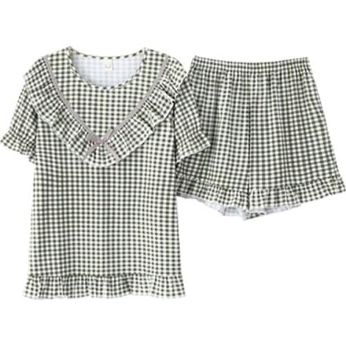Princess Sweet Pajamas Set Women Plaid Cute Cotton Pyjamas Sexy Shorts Sleeve Shorts Summer 2Piece/Set Home Mom Sleepwear