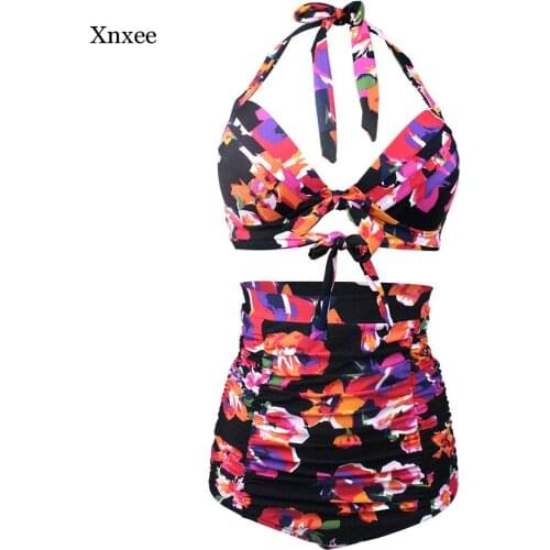 Retro 50S Bathing Suit Women Swimsuits High Waisted Elegant Ruched Two Piece Swimwear Conservative Bow Bikini Swimming Suit