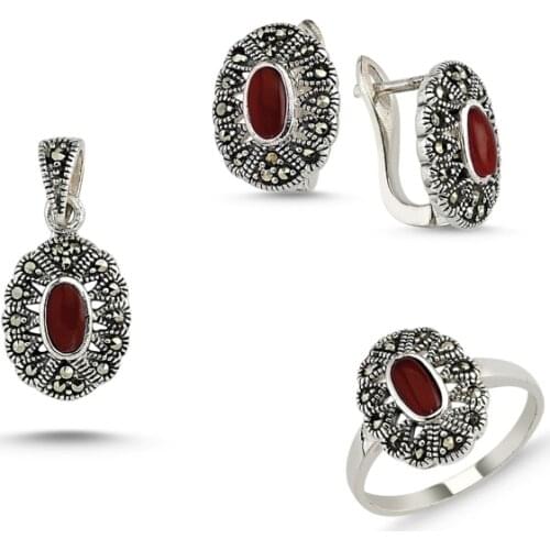 Silver 925 Sterling Marcasite Pendant Earring & Ring Set