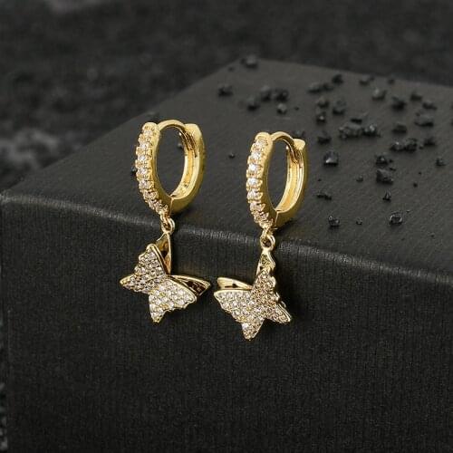 New Charm 1 Pair Hip Hop AAA CZ Stone Paved Bling Ice Out Butterfly Drop Earrings for Men Women Unisex Fashion Jewelry Gift