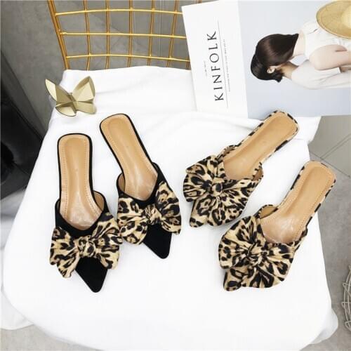 Women Slippers Pointed Toe Leopard Bow Mules Shoes Slip On Fashion Outside Shallow Beach Shoes Slides Flats Heeled Size 35-40