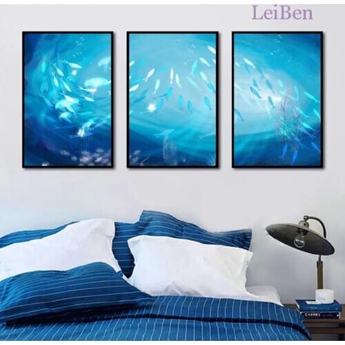 Three-Piece Modern Wall Art Poster Blue Deep Sea Fish Canvas Painting Home Decoration Living Room Pictures and Prints Frameless